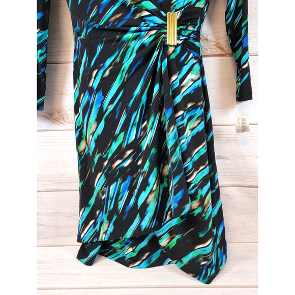 CALVIN KLEIN Womens Green/Blue/Black Wrap Style 3/4 Sleeve Dress Size 6 - Picture 4 of 10